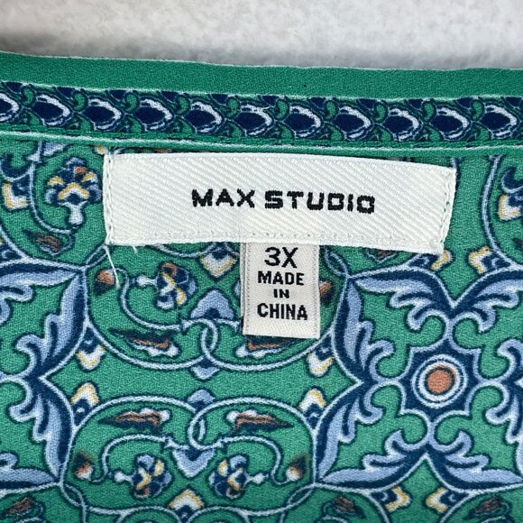 Max Studio Womens Plus 3X Green Blue V Neck Tie Front Blouse Kimono Sleeve Shirt - Picture 4 of 10